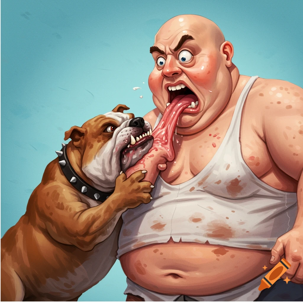 Cartoon bulldog biting the arm of a bald man