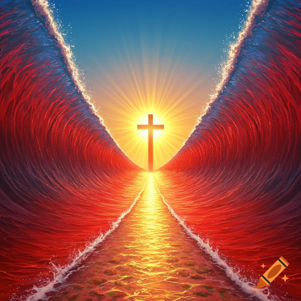 Parted red water forms a path towards a glowing cross with sun rays behind it.