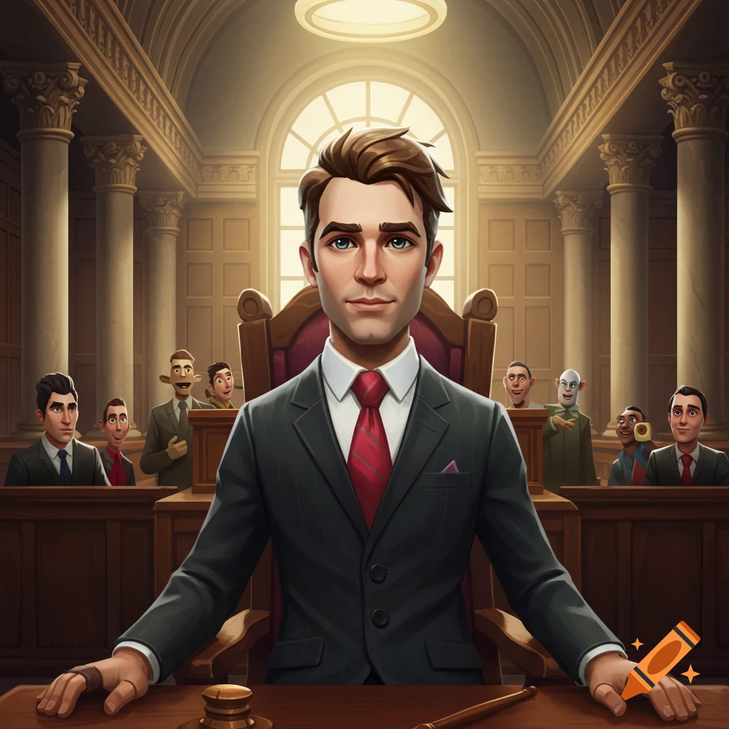A man in a suit sits at a table in a courtroom with others in the background.