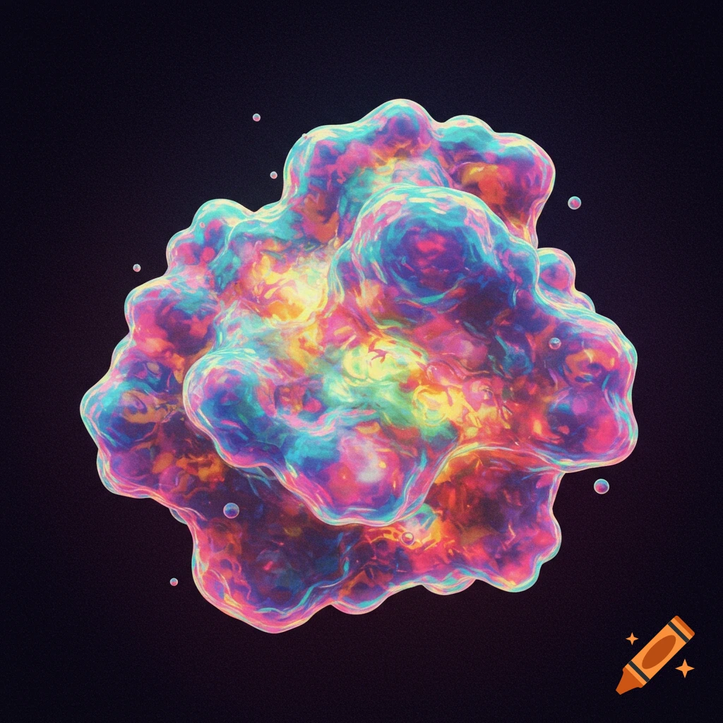An iridescent, colorful amorphous shape floats in a dark void.