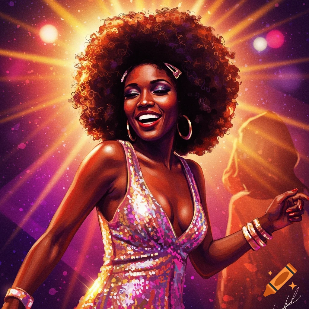 A woman with a large afro is dancing in a sparkly dress under disco lights.
