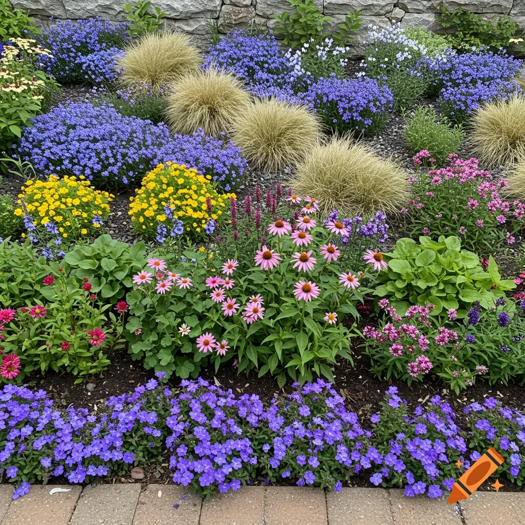 A colorful garden bed filled with various flowers and grasses, including pink coneflowers, blue lobelia, yellow potentilla, and purple spires, against a stone wall.