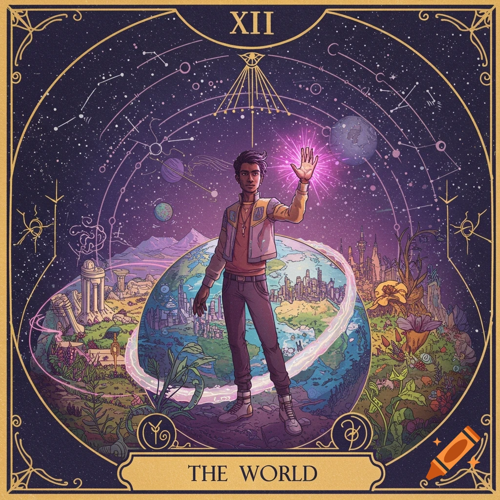 A tarot card titled 'The World' shows a person in a sci-fi setting with a globe, city, and cosmos, in an artistic style.