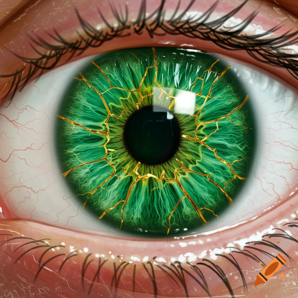 Close-up of a green eye with golden fractures in the iris.