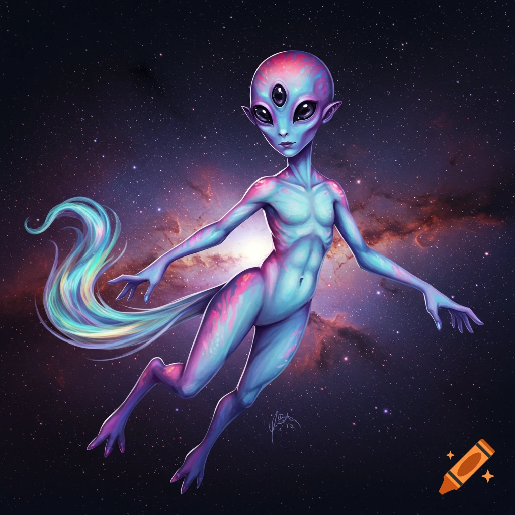 A thin alien creature with large dark eyes and a shimmering tail, floating in space with stars and a nebula behind it.