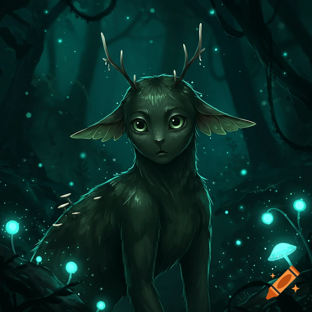 A dark green fantasy creature with horns and large eyes in a glowing forest, digital art.