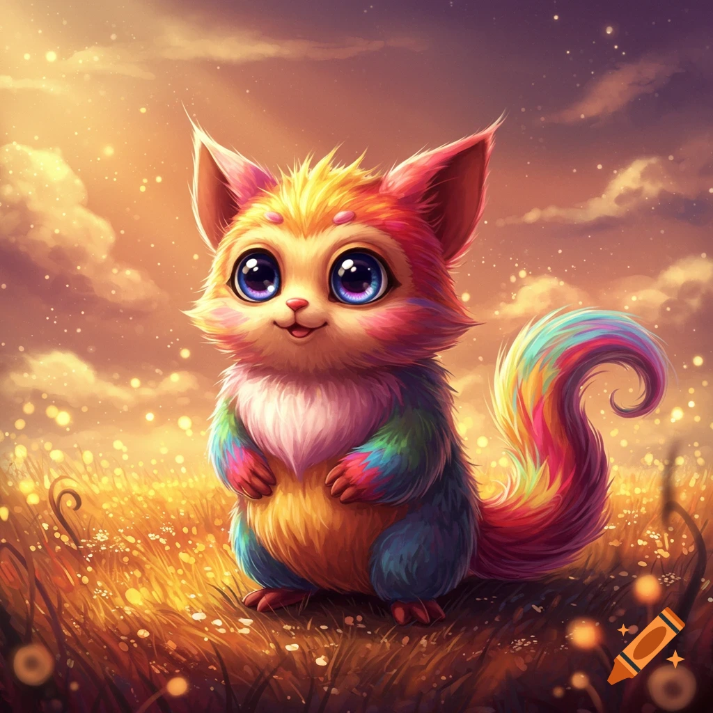 A cute, colorful fantasy creature with large eyes sits in a sunny field at sunset.