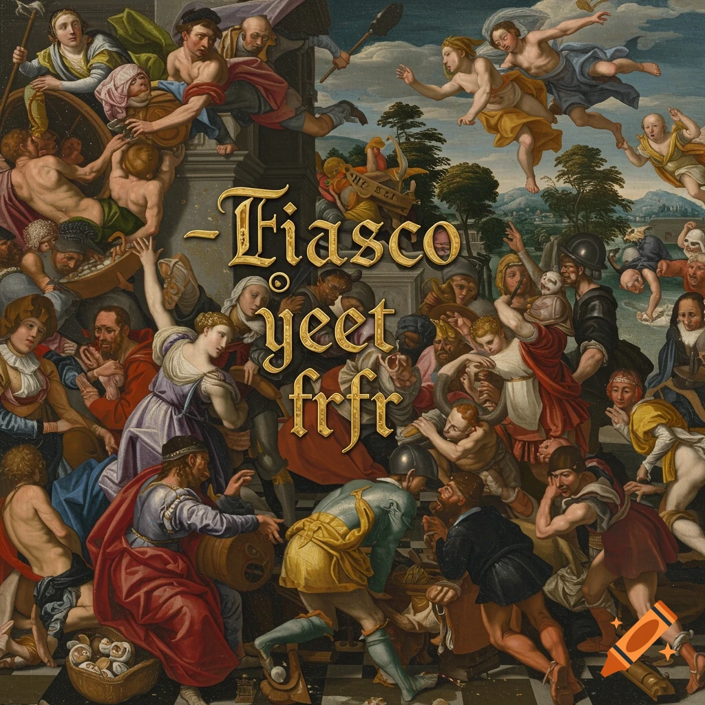 A chaotic Renaissance painting with a large crowd of figures and angels, overlaid with the text '- Fiasco yeet frfr'.
