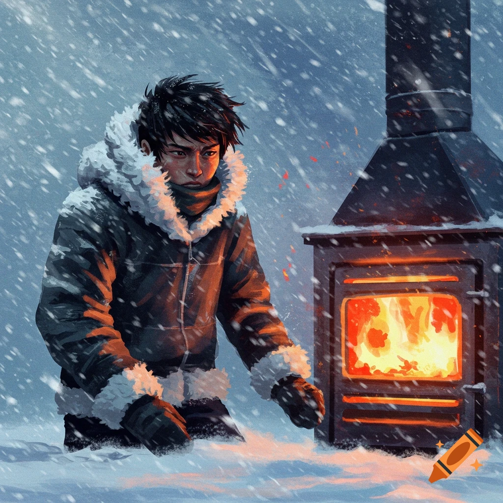 A young person in a blizzard is warming their hands by a furnace.