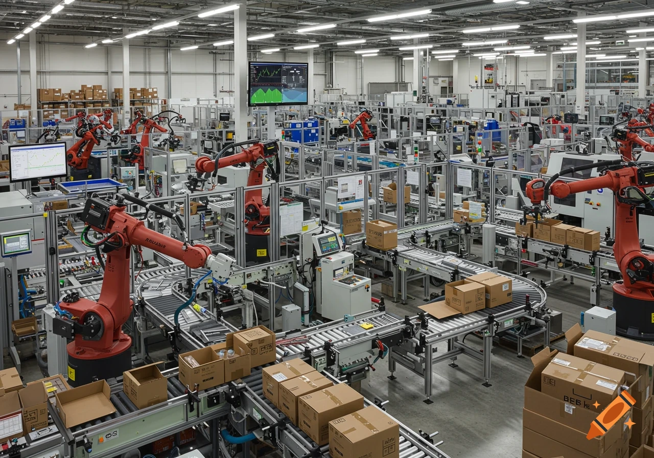 Photo of a factory floor with red robotic arms, conveyors, boxes, and monitors.