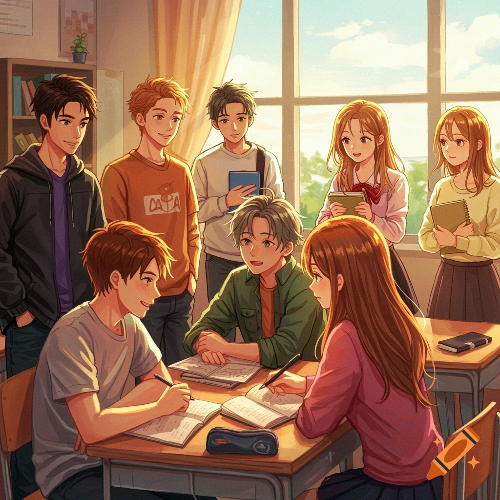Anime-style group of seven students studying together in a sunlit classroom.