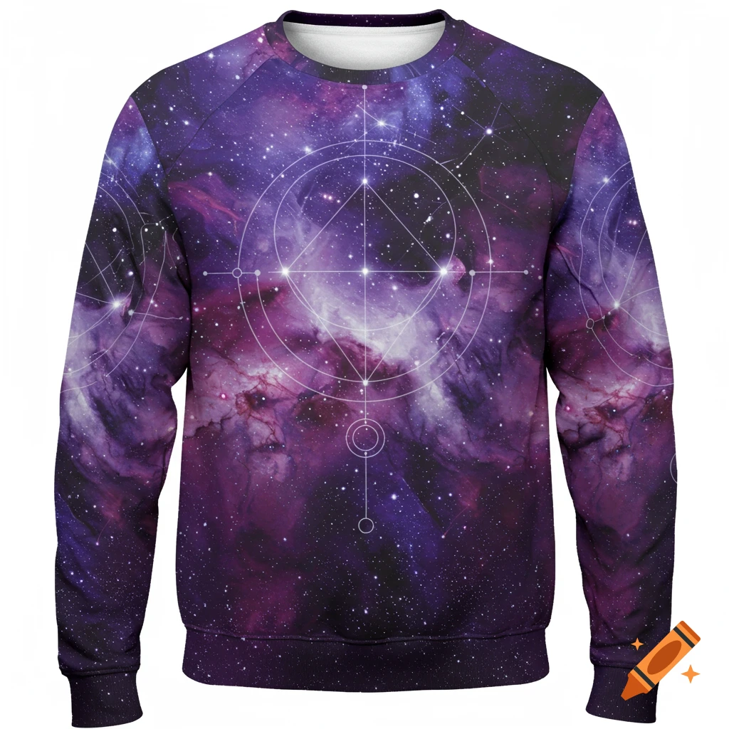 A purple space-themed sweater with white geometric patterns.