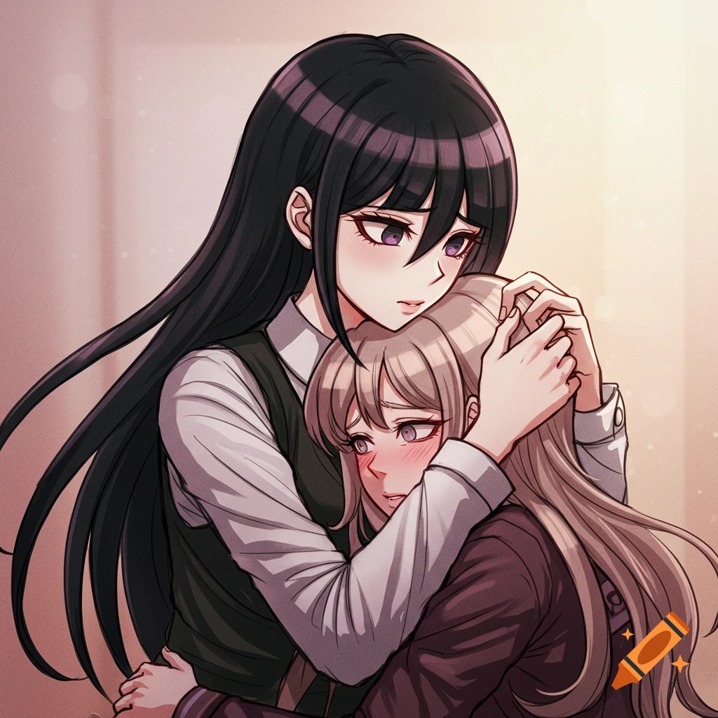 Anime illustration of a girl with long dark hair hugging and comforting a girl with blonde hair.