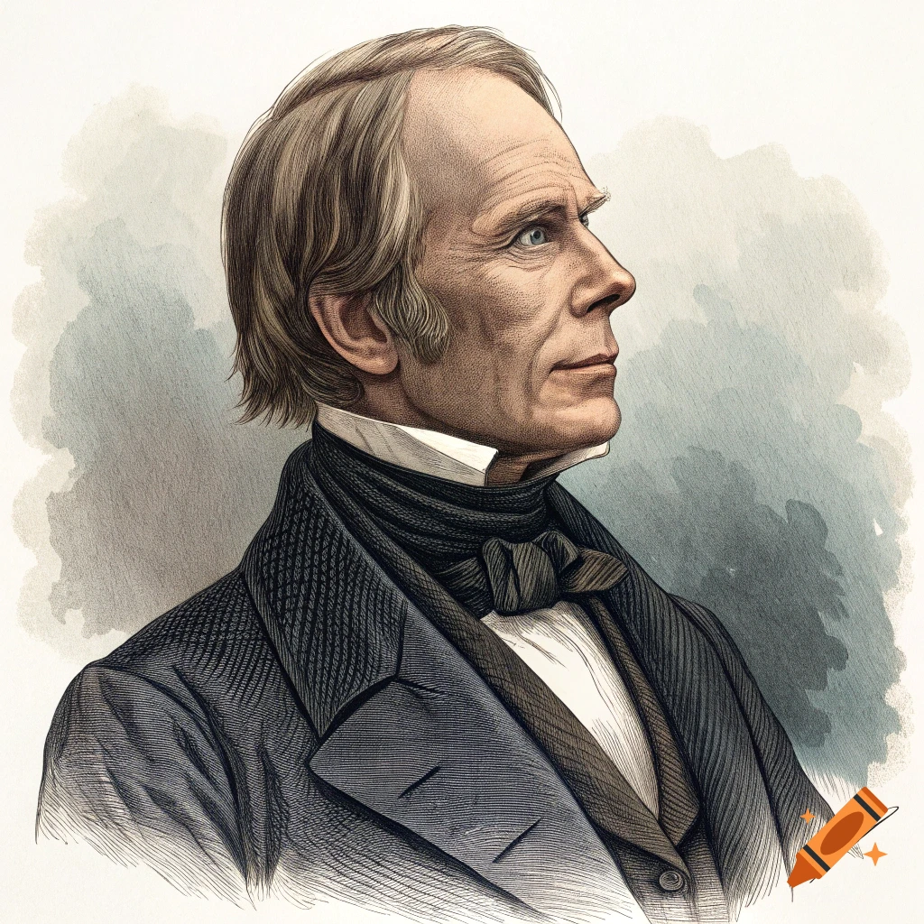 Portrait of a man in a dark suit and cravat in a historical illustration style.