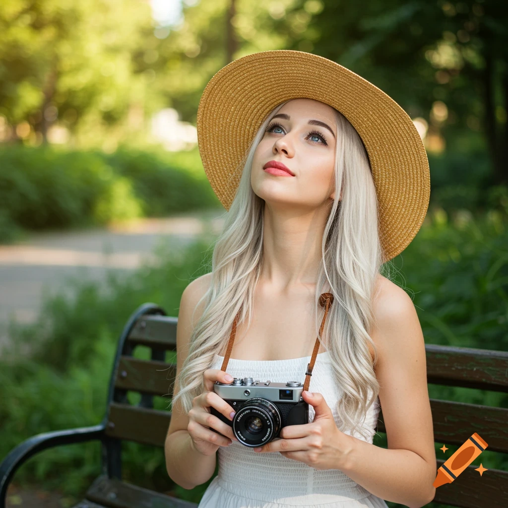A blond woman in a straw hat sits on a park bench holding a vintage camera and looking up.