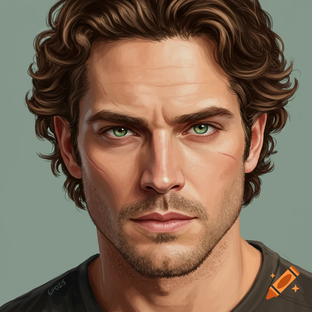 Portrait of a man with brown wavy hair, green eyes, and a scar above one eyebrow.