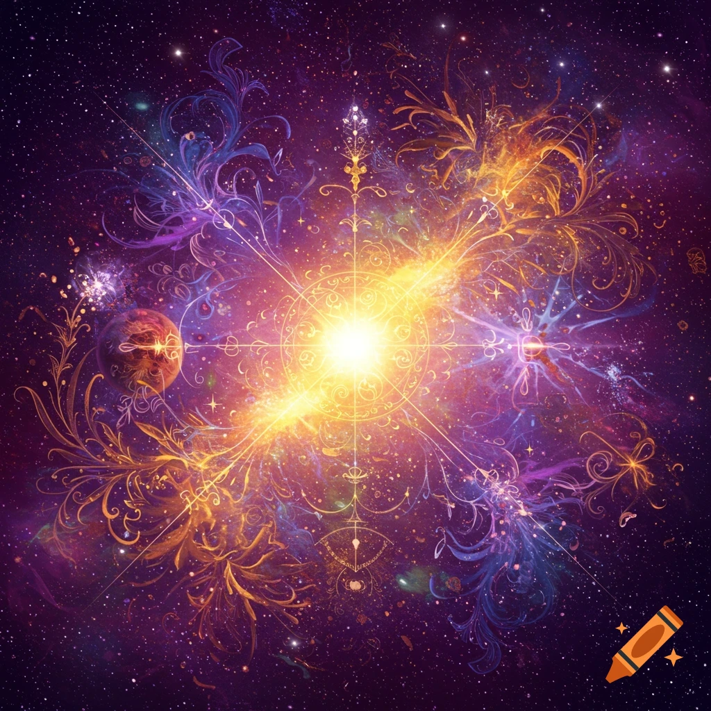 Abstract cosmic art showing a bright light in space surrounded by ornate patterns and a planet.