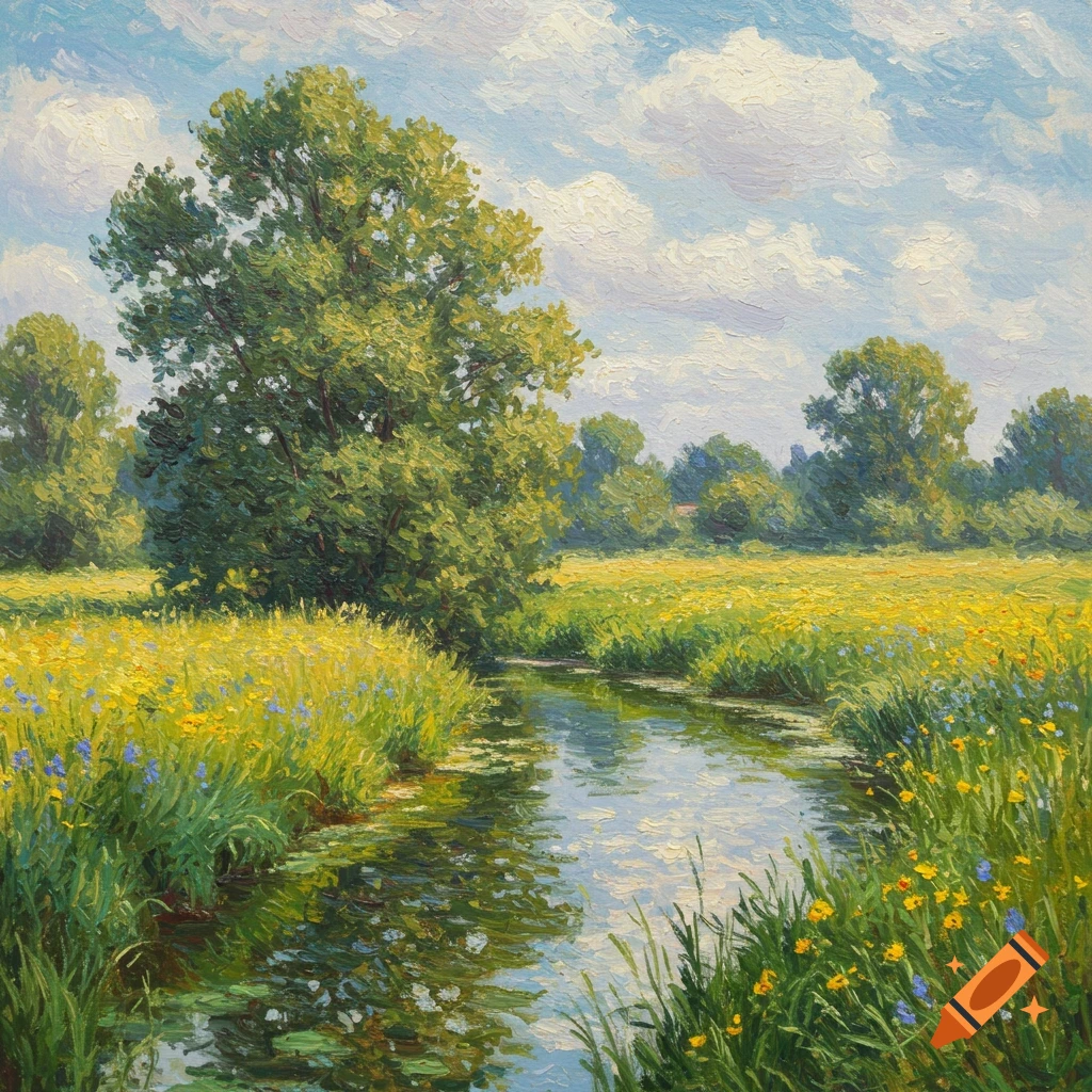 An impressionistic painting of a stream winding through a field of yellow flowers under a cloudy sky.