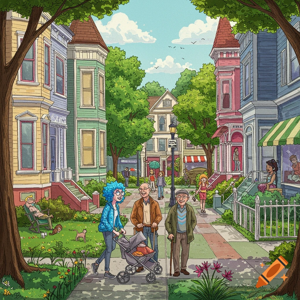 Whimsical neighborhood street with colorful houses, people, and greenery.