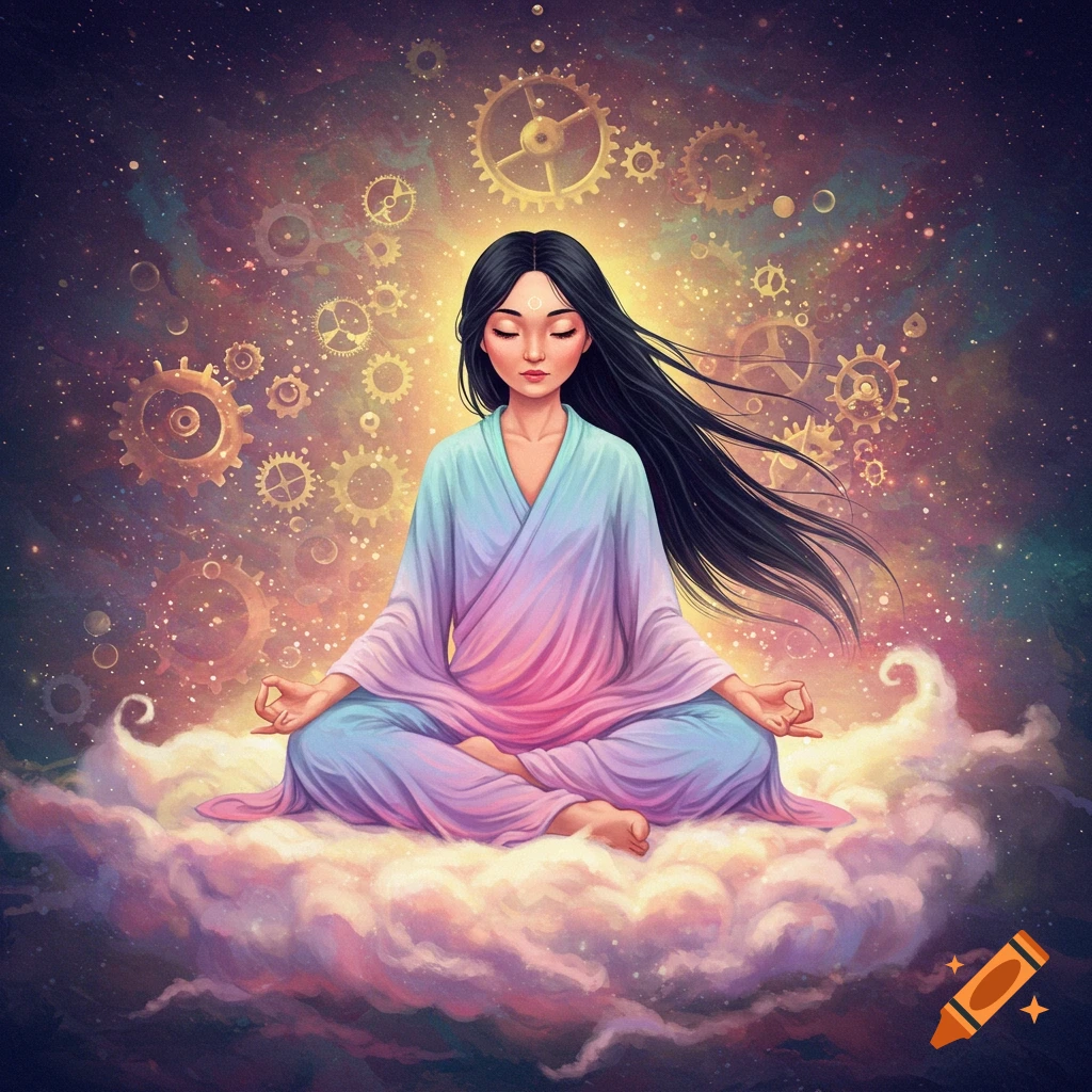 A person meditating on a cloud in a cosmic space with gears.