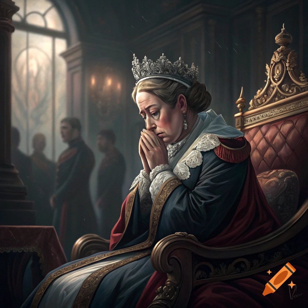 Painting of a sad queen in a crown and elaborate robes sitting on a throne