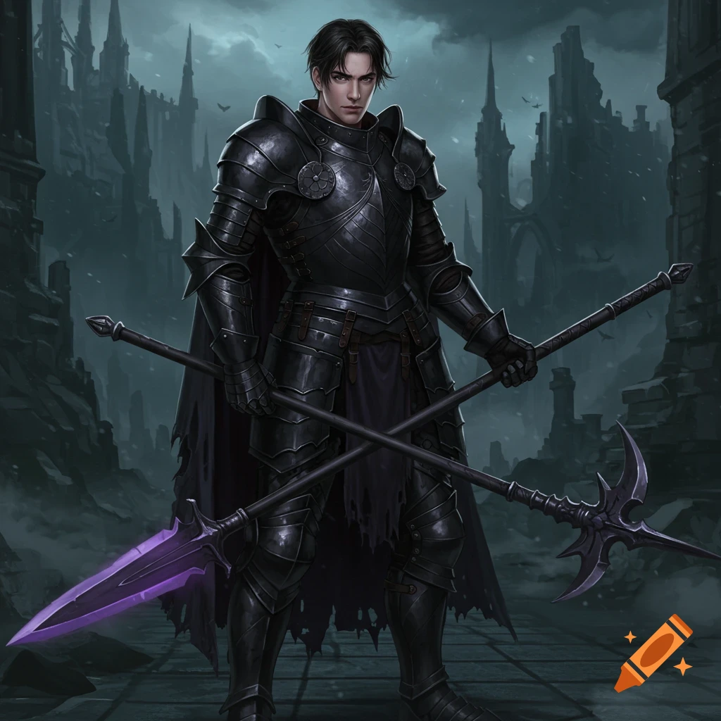 A young male knight in black armor holds a glaive and poleaxe within the crumbling walls of a ruined castle.