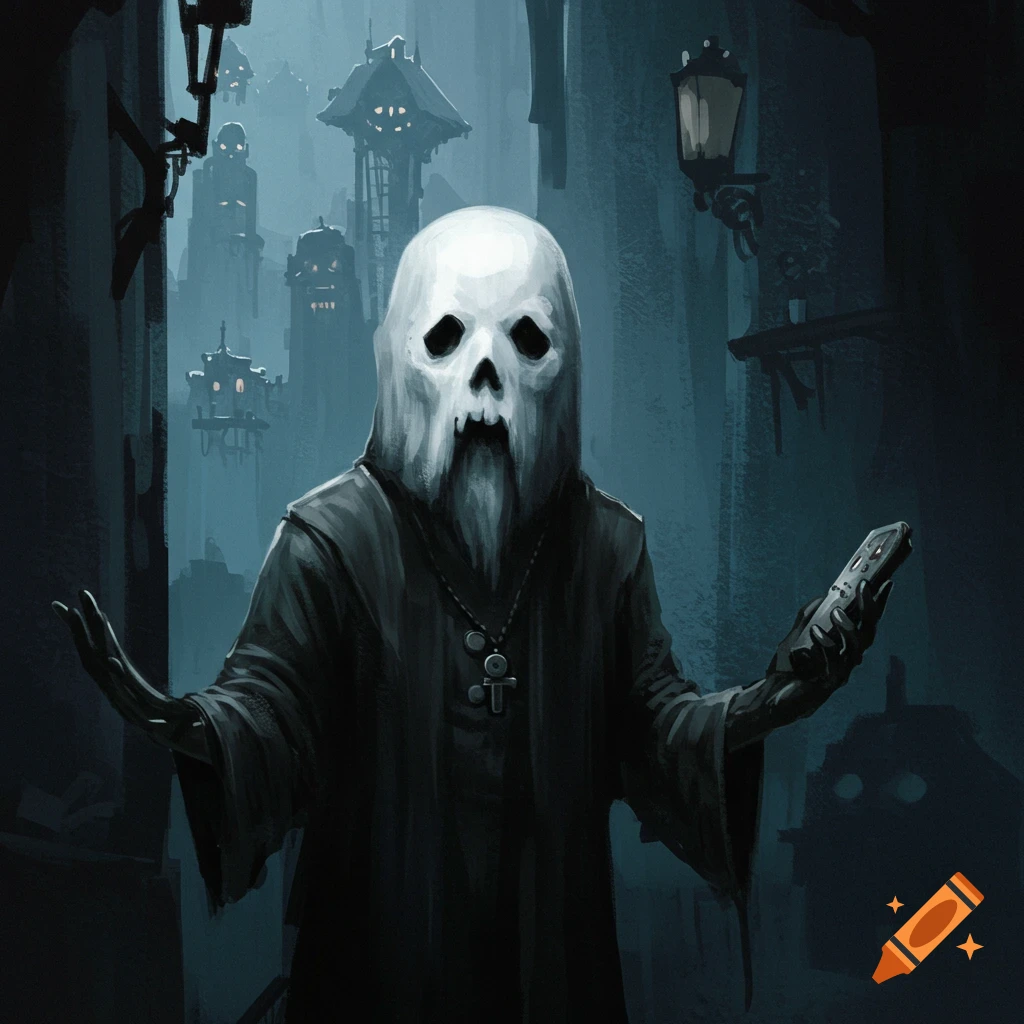 A figure in a dark cloak with a skull face and beard, holding a device in a dark alley with spooky buildings.