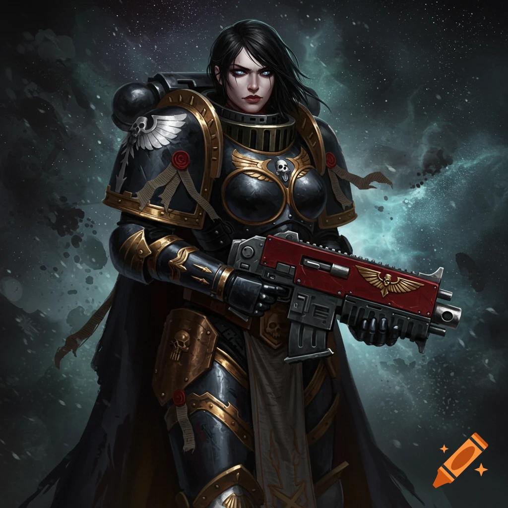 A female character in black and gold power armor holding a red sci-fi rifle, against a dark space background.