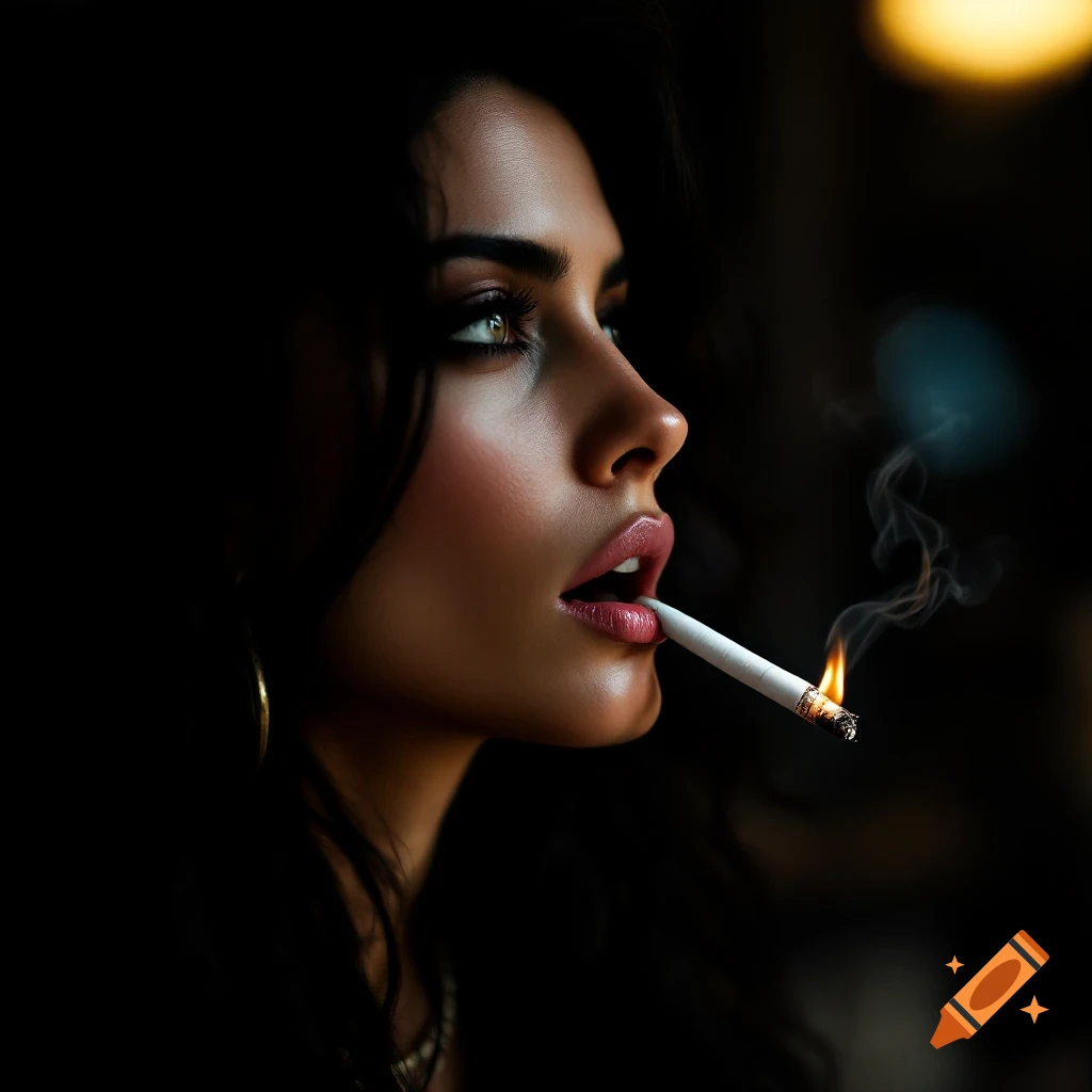 Close-up photorealistic portrait of a woman with a lit cigarette and smoke