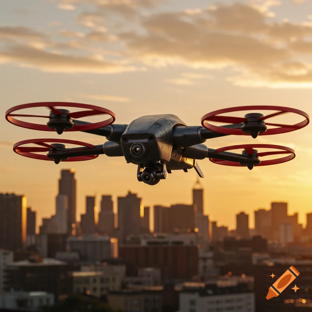 A 3d rendered drone with red propellers flies over a city skyline at sunset.