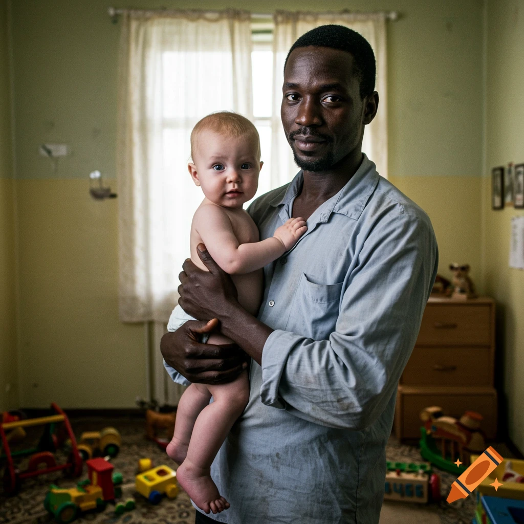 A Black man holds a baby girl in a softly lit orphanage room with toys scattered on the floor.