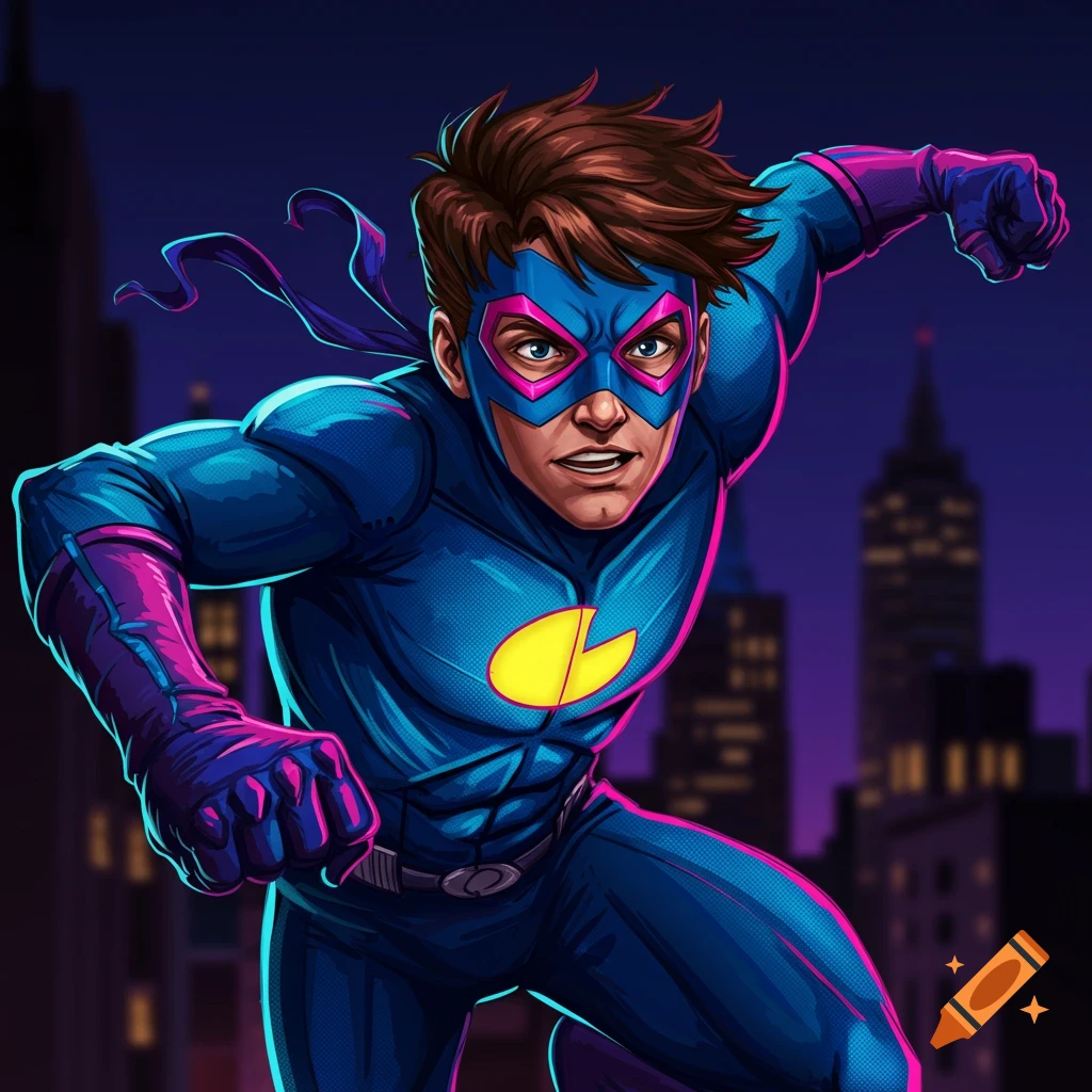 Masked superhero in blue and purple costume against a city skyline.