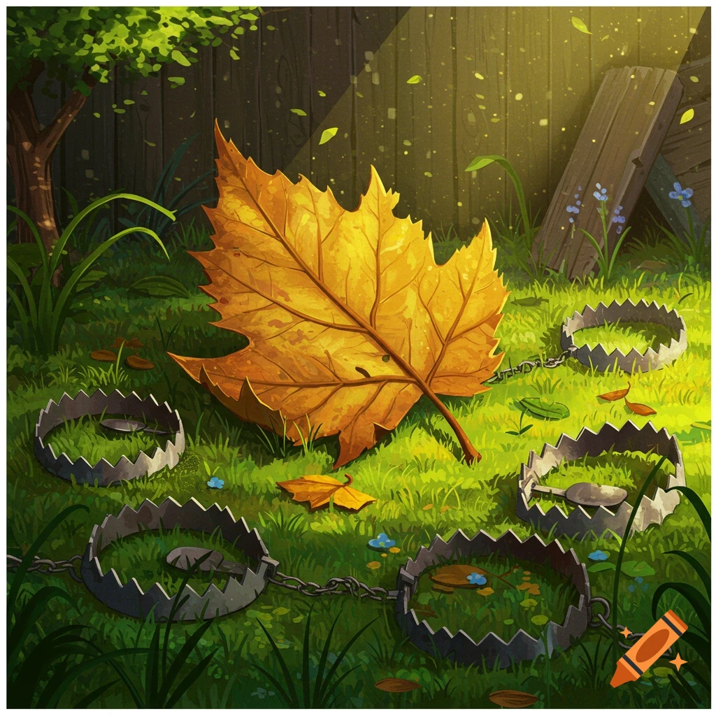 A large autumn leaf surrounded by bear traps on a grassy lawn.
