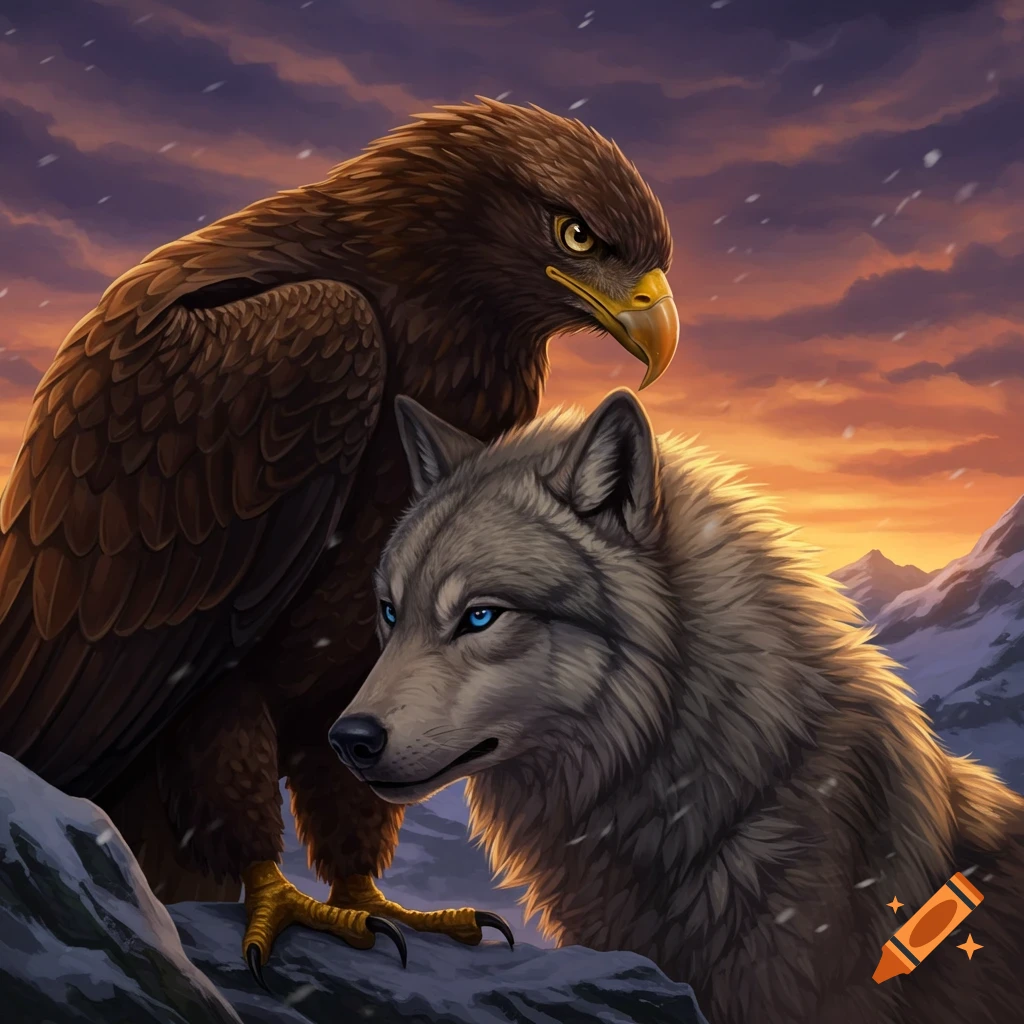 An eagle and a wolf standing together in snowy mountains at sunset.