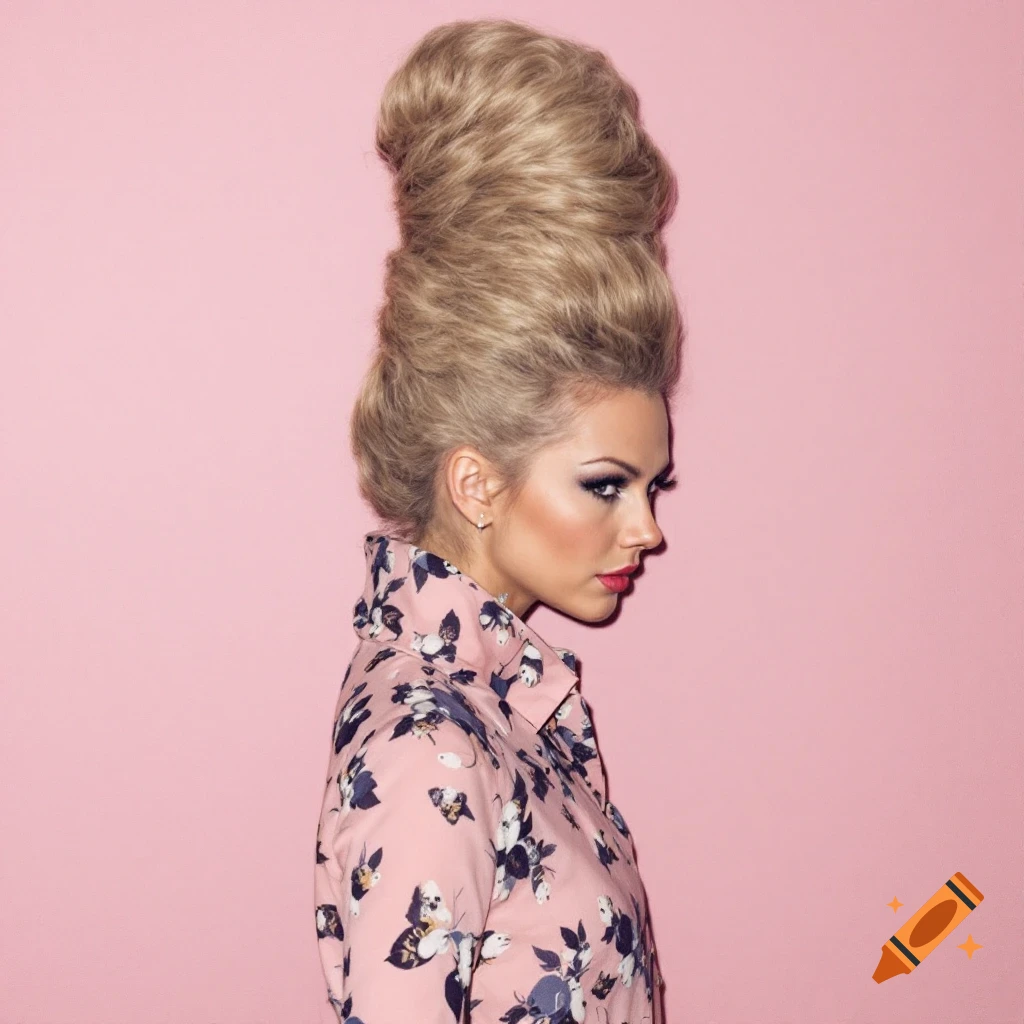 Woman with a tall beehive hairstyle wearing a pink floral shirt against a pink background.