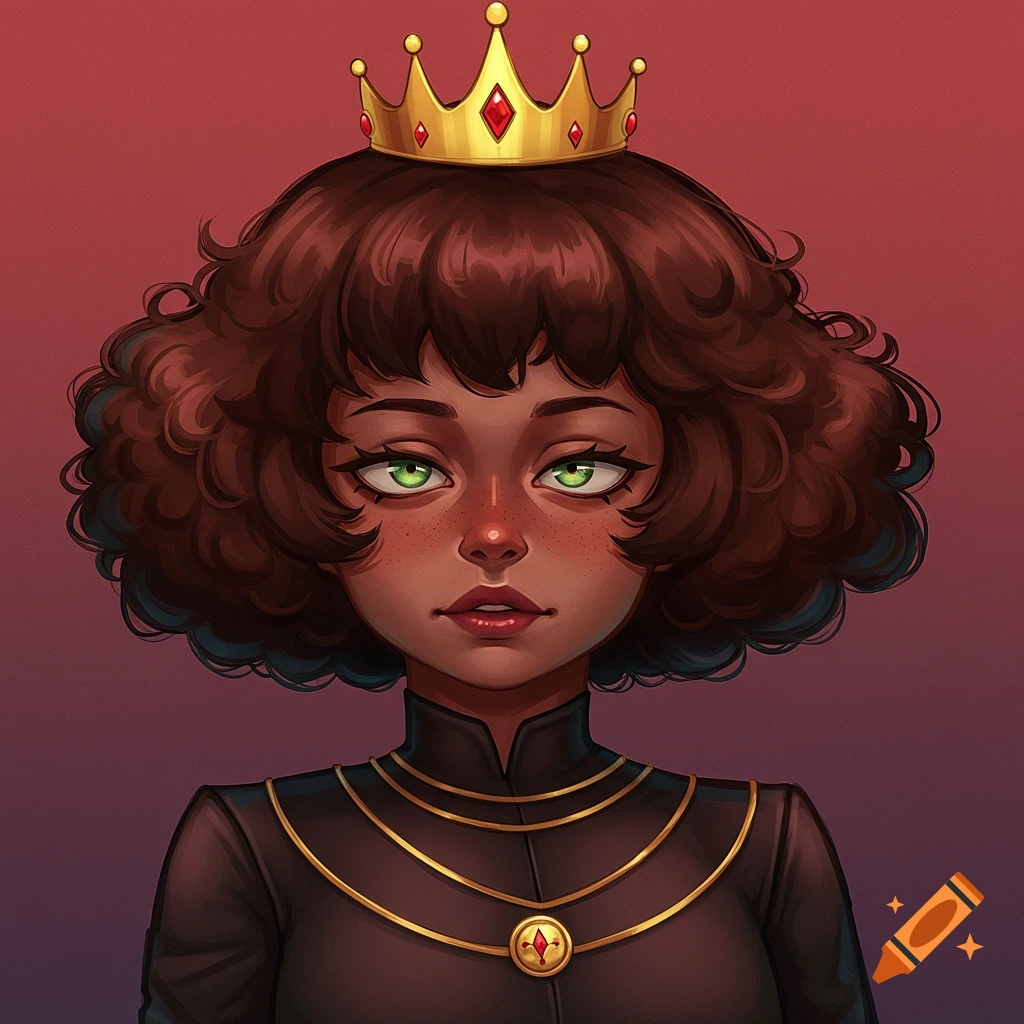 A woman with curly hair and green eyes wearing a crown
