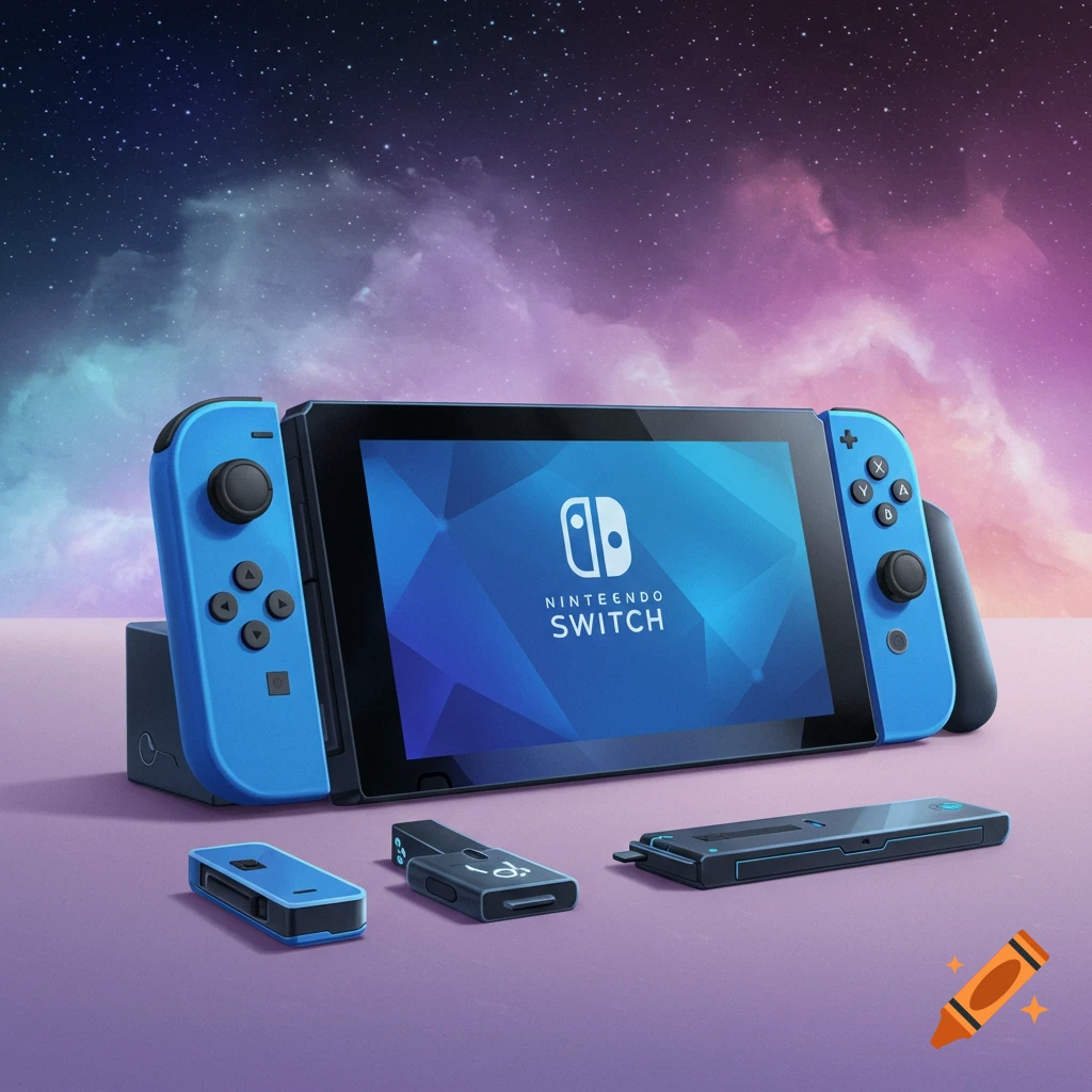 A blue Nintendo Switch console and accessories against a cosmic background.
