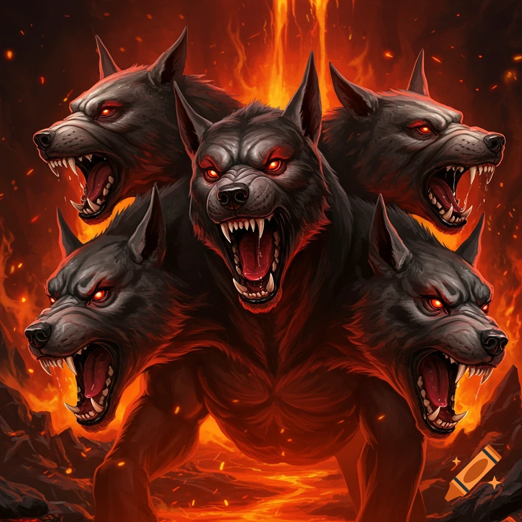 A fierce, multi-headed Cerberus with red eyes and sharp teeth stands in a fiery hellscape.