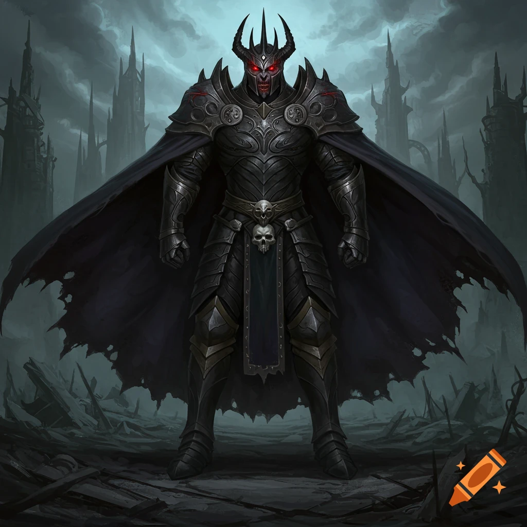 A dark fantasy character in horned armor with glowing red eyes stands in a ruined city under a dark sky.