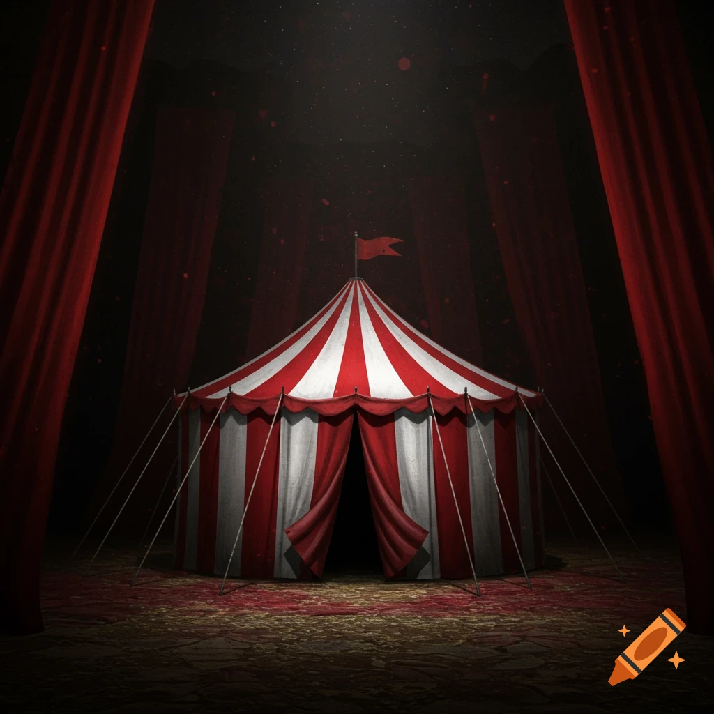 A mysterious red and white striped circus tent in a dark environment with red curtains.