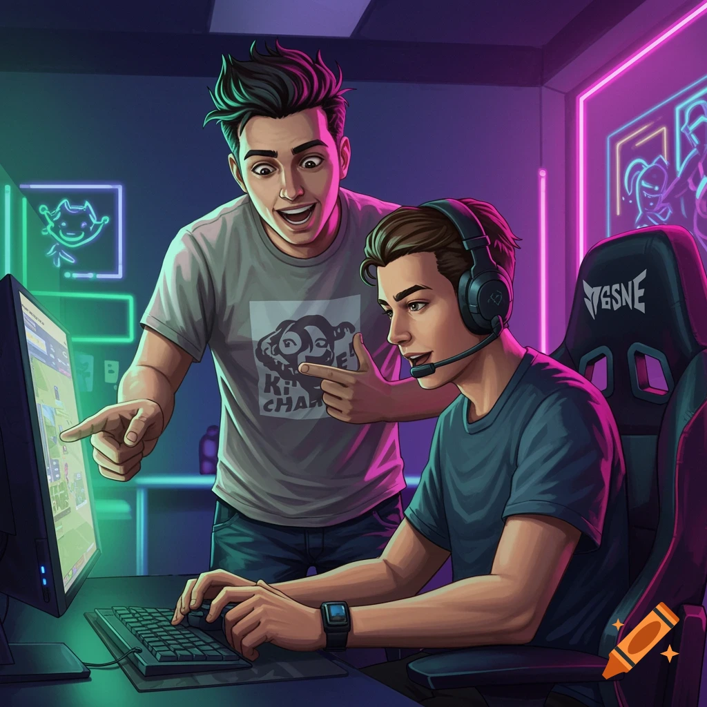 Two young men gaming in a neon-lit room, comic book style. One points at the screen while the other wears headphones at the keyboard.
