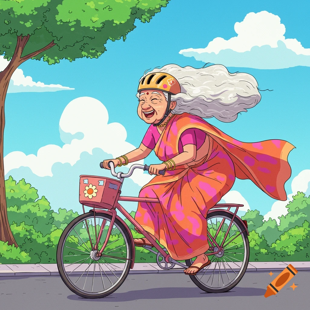 Animated illustration of a joyful elderly woman in a saree and helmet riding a bicycle.