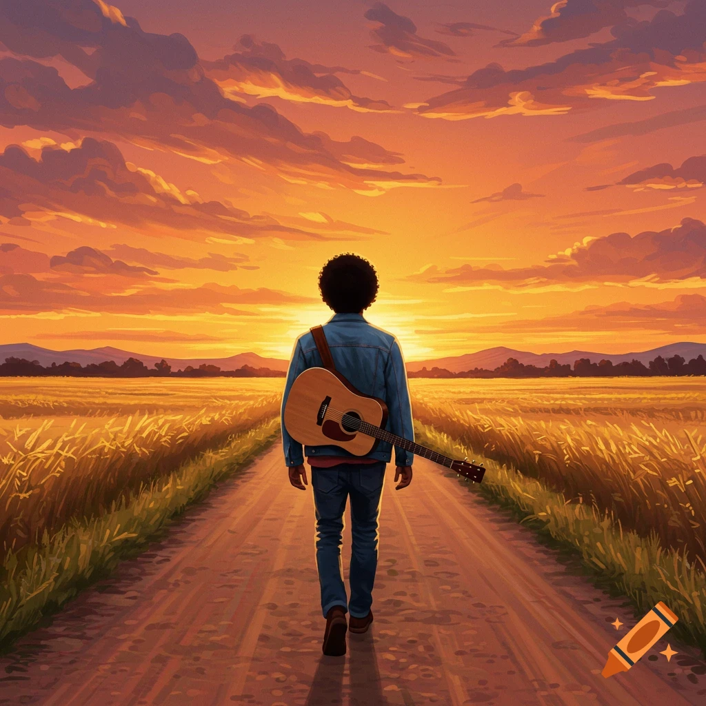 Person with a guitar walking away on a road through fields at sunset.