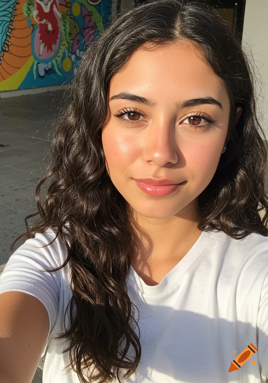 Selfie of a young woman with curly brown hair smiling outdoors with a colorful mural behind her.