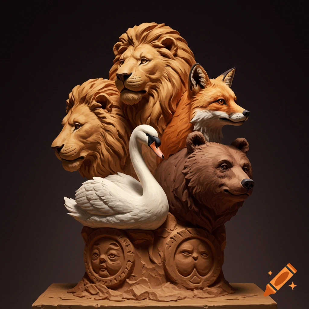 A detailed sculpture combining the heads of a lion, fox, swan, and bear.