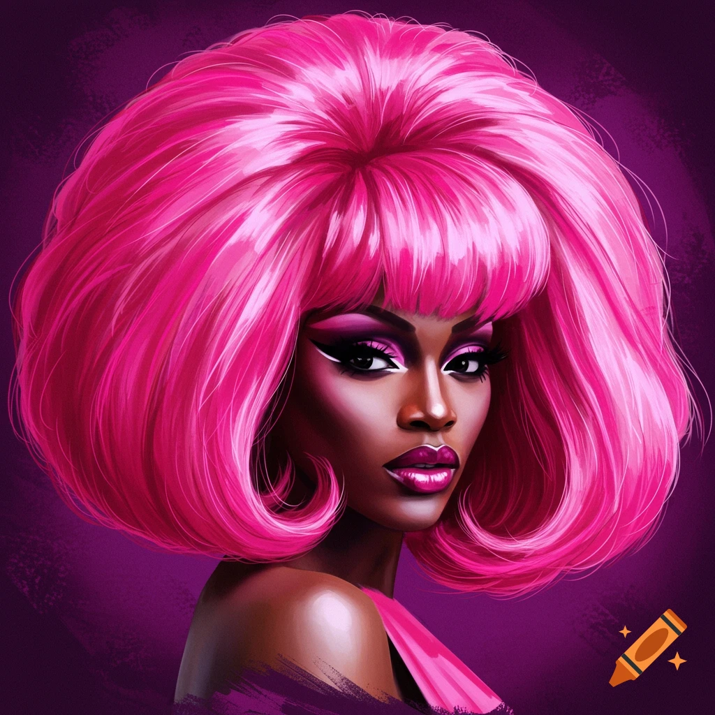 A portrait of a woman with dramatic makeup and a large bright pink wig.