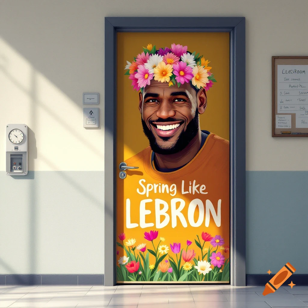 Lebron James wearing a flower crown on a door in a hallway, with 'Spring Like LEBRON' text and flowers.