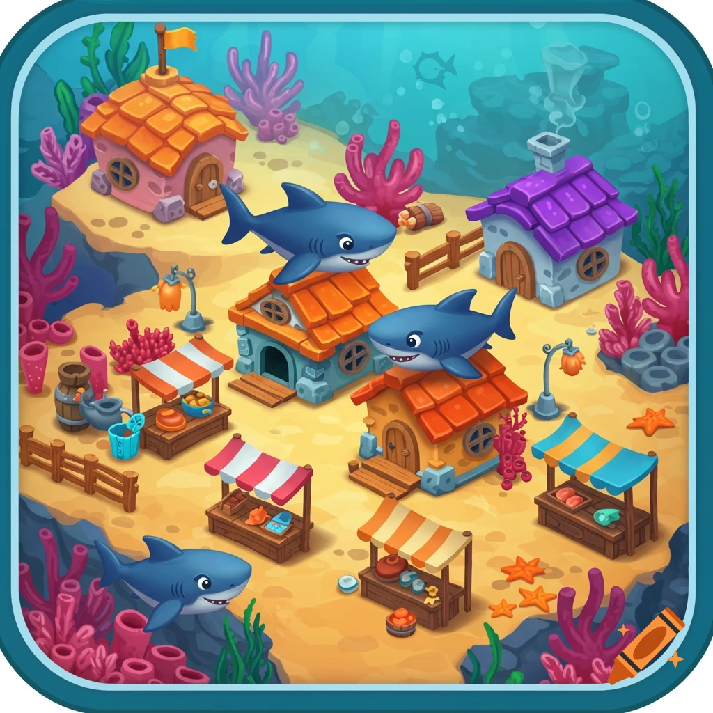 A stylized underwater village icon with cartoon sharks, houses, and market stalls.