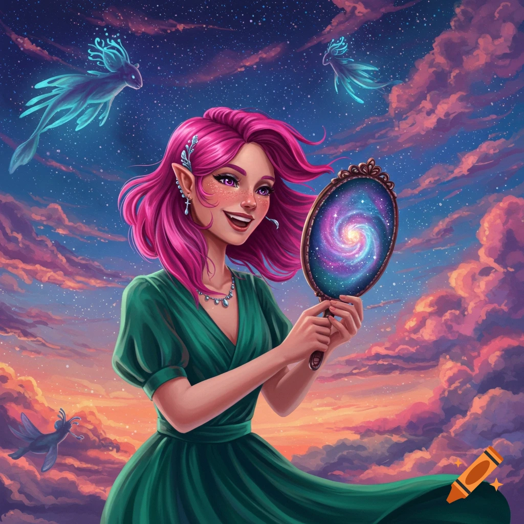 A woman with pink hair and elf ears holds a mirror reflecting a galaxy, under a starry sky with glowing creatures.