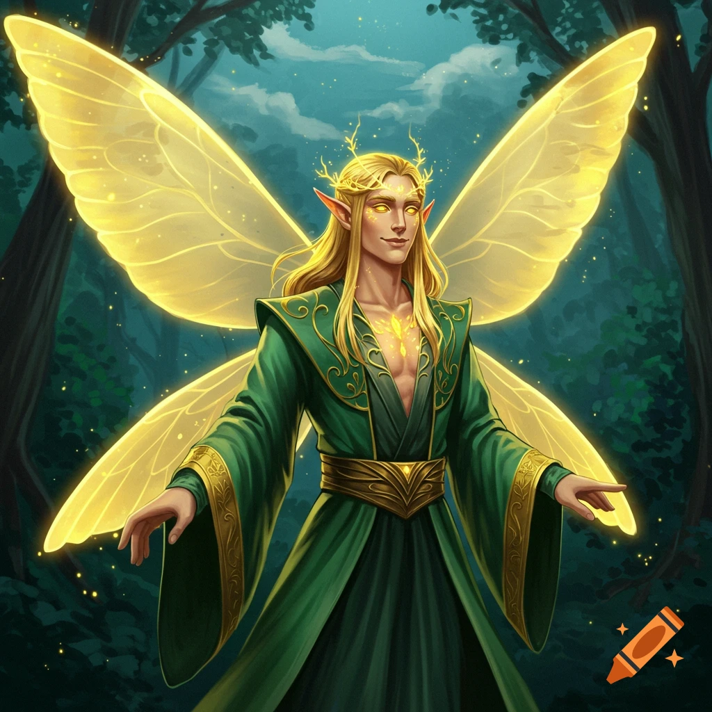 A male fairy with glowing golden wings and eyes standing in a forest.